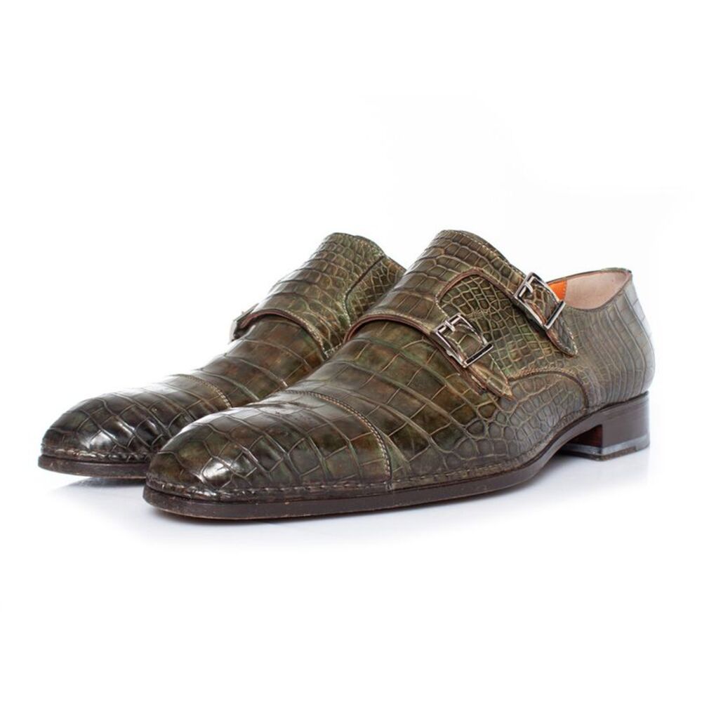 Santoni shoes in olive green alligator leather